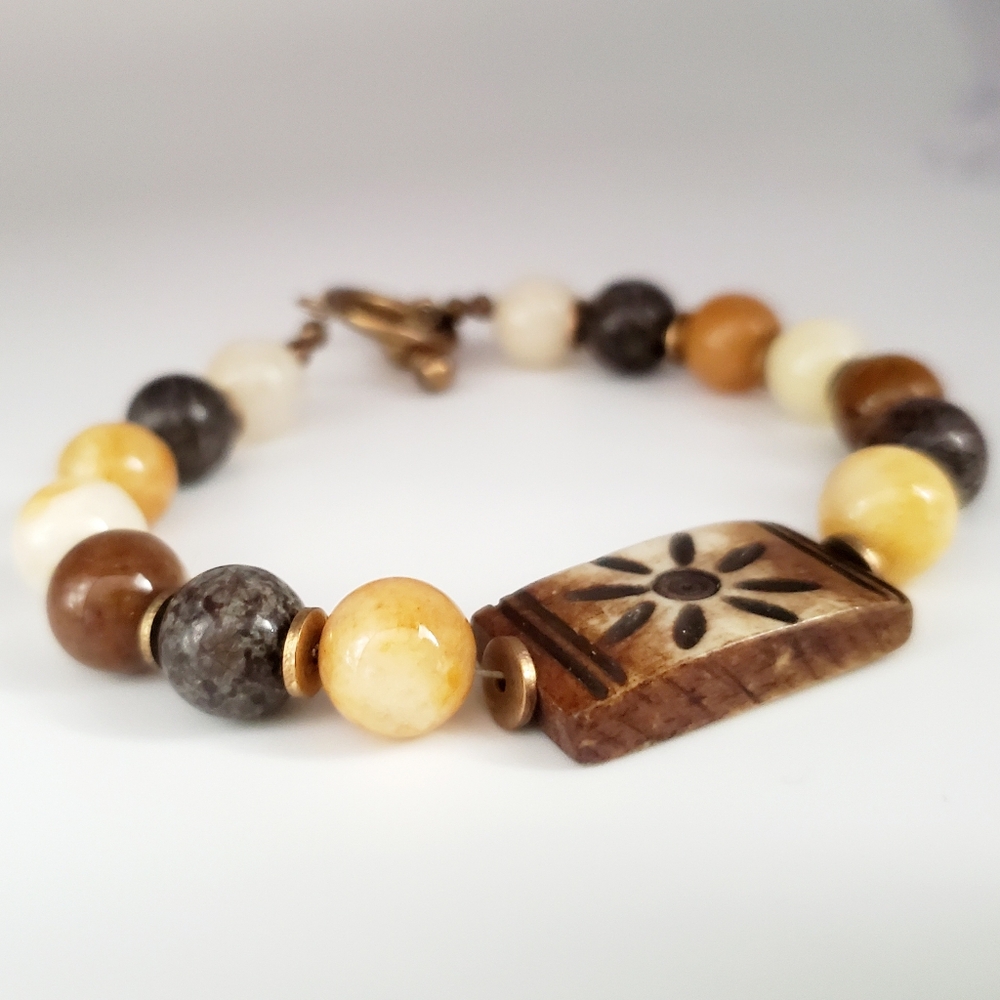 Brown Glass Beaded Bracelet Sun Motif Stone Centre Various Stones